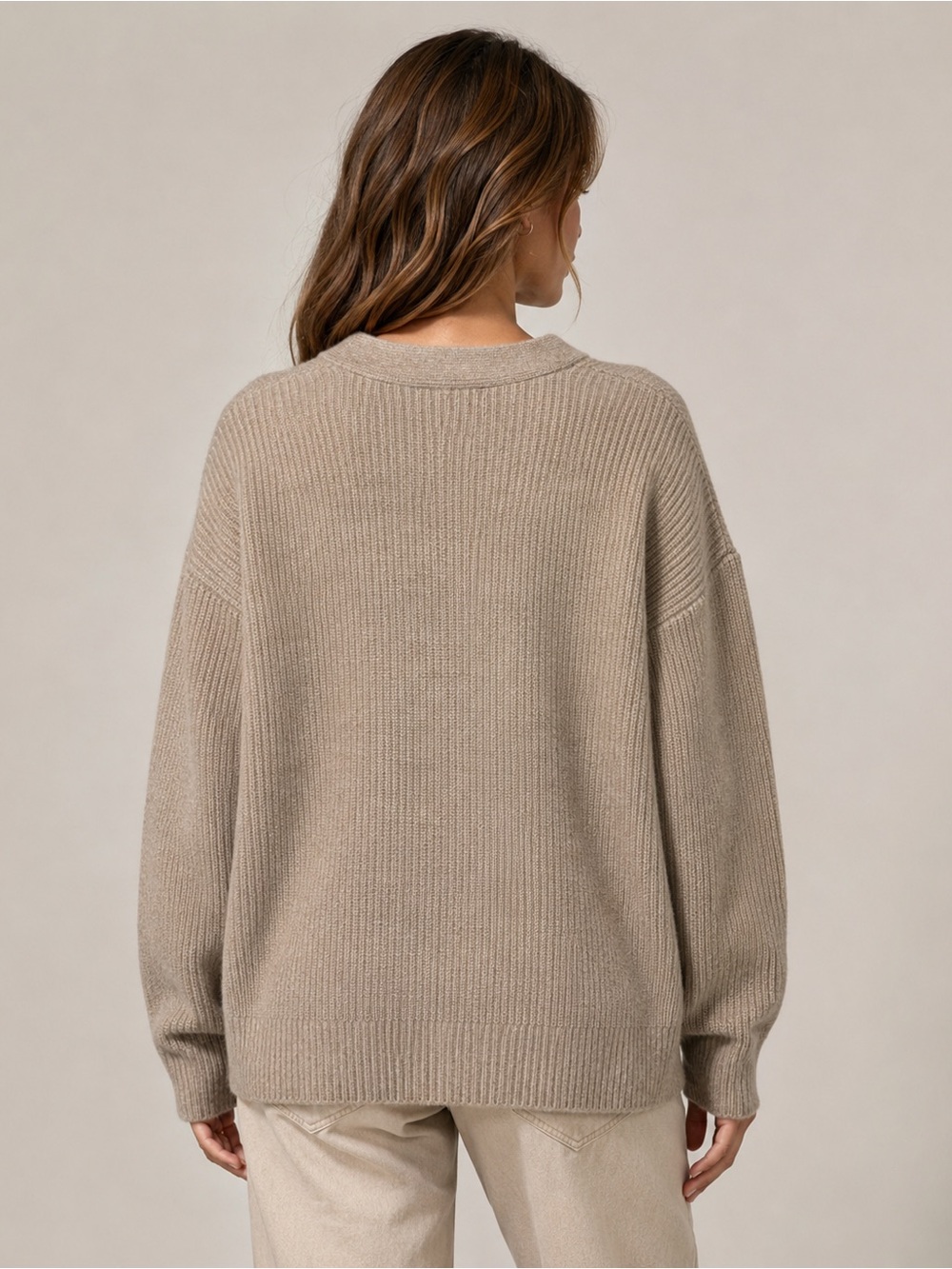 Quince Beige 100% cashmere Ribbed V-Neck Button thick Cardigan SM ( oversized) - Picture 4 of 13